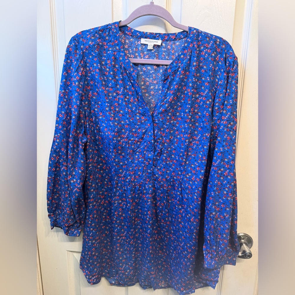 BeachLunchLounge Blue Floral Tunic Blouse XL Lightweight Boho Top